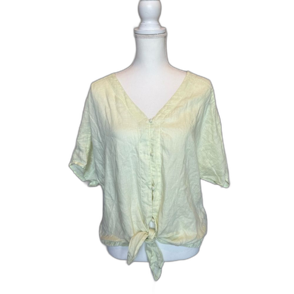 Vince Camuto 100% Linen Button Tie Front Blouse Light Green Size Large V Neck